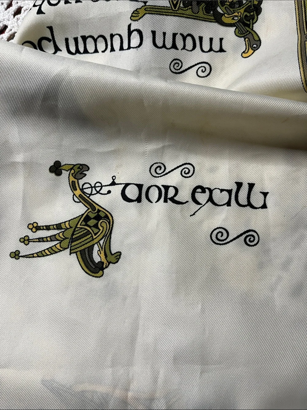 Vintage souvenir scarf Green and Cream Decorative Silk Scarf Table Runner